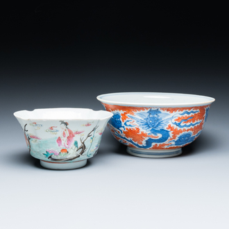 A Chinese blue, white and iron-red 'dragon' bowl and a famille rose 'immortals' bowl, Jiaqing and Wanli mark, 19th C.