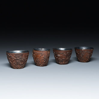 Four Chinese silver-lined coconut cups, Wang Hengxin 王恒馨 mark, 19/20th C.