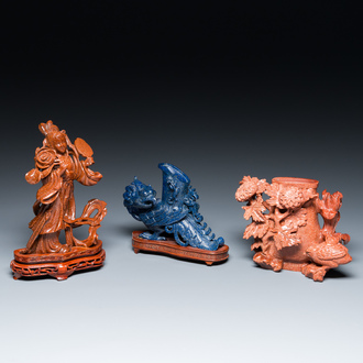 Three Chinese lapis lazuli and goldstone carvings, 19/20th C.