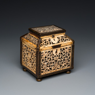 A Russian Kholmogory reticulated walrus bone casket with brass mounts, 17th C.