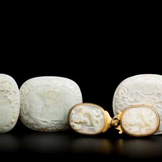 Five fine Chinese white jade belt buckles, Qing