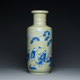 A Chinese celadon-ground blue, white and copper-red rouleau vase, Kangxi