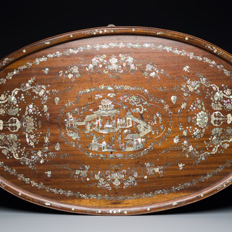 An extremely large Chinese mother-of-pearl-inlaid wooden tray with a central pavillion design, 19th C.