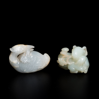 Two Chinese white jade carvings of a mandarin duck and of a ram with his lamb, Qing