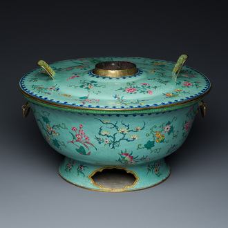 A large Chinese green-ground Canton enamel warming bowl with floral design, 18th C.