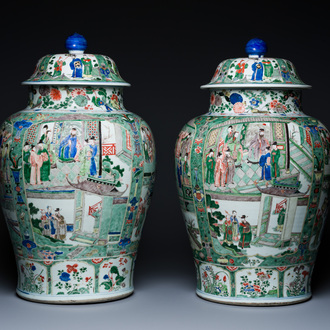 A fine pair of large Chinese famille verte vases and covers, Kangxi