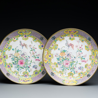 A pair of Chinese Canton enamel plates with exceptionally fine floral design, Yongzheng