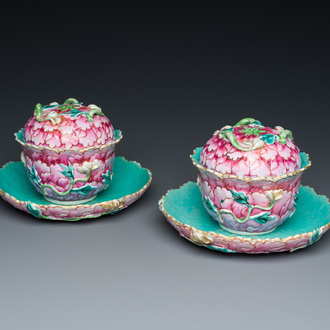 A fine pair of Chinese famille rose 'lotus' bowls and covers on stands, Qianlong