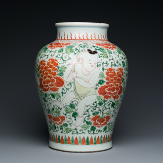 A Chinese famille verte 'Hehe Erxian' vase, Kangxi