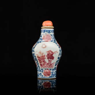 A Chinese blue, white and copper-red snuff bottle, Yongzheng mark and of the period