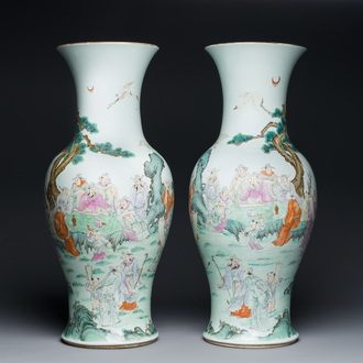 A fine pair of Chinese famille rose vases with a musician playing the qin, Qianlong mark, Republic