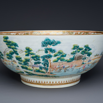 A large Chinese famille rose 'fox hunt' bowl, Qianlong
