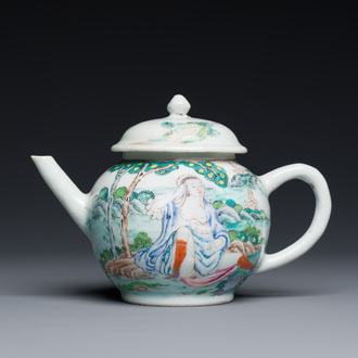 A rare Chinese famille rose teapot with an erotical depiction of a European lady, Yongzheng