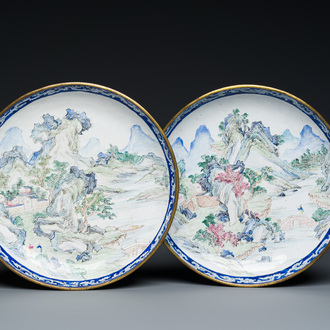 A pair of Chinese Canton enamel 'Master of the Rocks' plates, Yongzheng/Qianlong