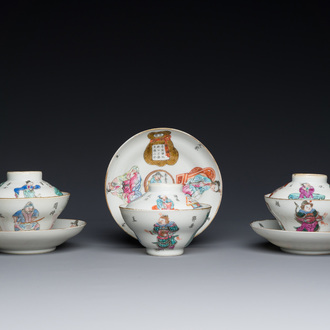 Three Chinese famille rose 'Wu Shuang Pu' covered cups and saucers, Tongzhi mark and of the period