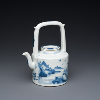 A Chinese blue and white teapot with a fine landscape, Chenghua mark, Kangxi