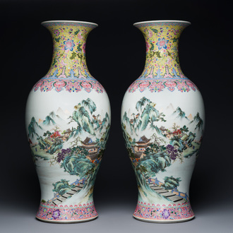 A pair of fine Chinese famille rose 'landscape' vases, Qianlong mark, 20th C.