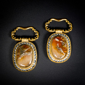 A pair of Chinese gilt-bronze belt ornaments with moss agate, Qianlong