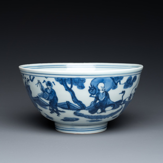 A Chinese blue and white 'Eight immortals' bowl, Jiajing mark and of the period