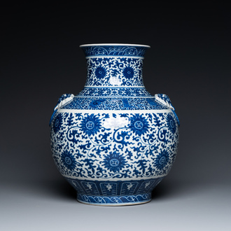 A Chinese blue and white 'hu' vase with lotus scrolls, Qianlong mark, 19th C.