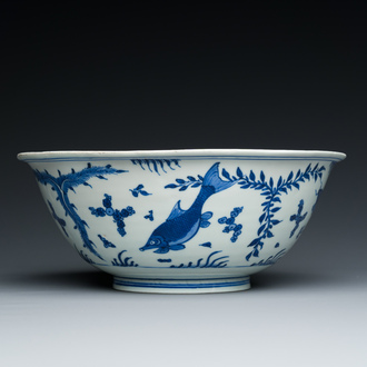 A Chinese blue and white 'carps' bowl, Chenghua mark, Kangxi