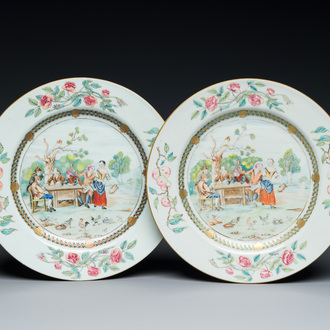 A pair of Chinese famille rose plates with peasants playing cards in the style of the painter David Teniers II, Qianlong