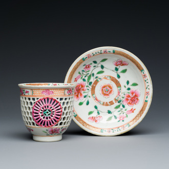 A rare Chinese famille rose double-walled reticulated cup and saucer, Yongzheng/Qianlong