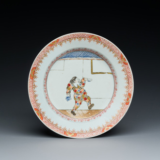 A Chinese 'South Sea Bubble' plate with the figure Harlequin from the Commedia dell'Arte, Kangxi/Yongzheng