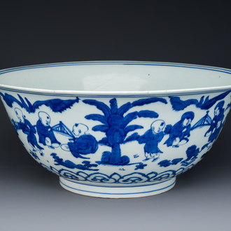 A rare large Chinese blue and white '100 boys' bowl, Jiajing mark and of the period