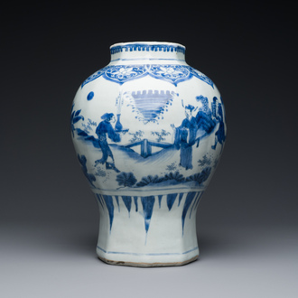 A Chinese blue and white octagonal vase depicting the game of 'touhu', Transitional period