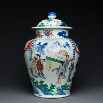 A large Chinese wucai 'Guo Ziyi's birthday' vase and cover, Transitional period