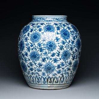 A large Chinese blue and white 'lotus scroll' jar, Ming