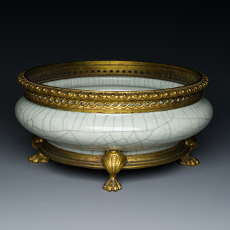 A Chinese ge-type crackle-glazed brush washer with gilt bronze mounts, Qianlong