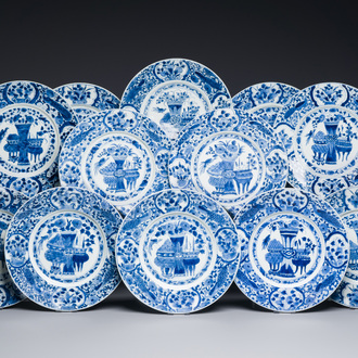 Twelve Chinese blue and white 'antiquities' dishes, Kangxi