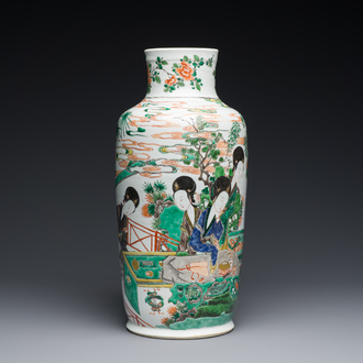 A Chinese famille verte rouleau vase with ladies at a scholar's table, Kangxi