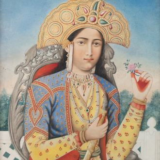 Indian school: 'Portrait of princess Mumtaz Mahal holding a hookah', gouache on paper, 19th C.