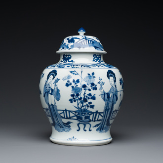 A Chinese blue and white vase and cover with ladies in a garden, Chenghua mark, Kangxi