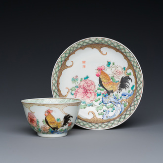 A rare Chinese semi-eggshell famille rose 'rooster' tea cup and saucer, Baiyun Shanren 白雲山人 seal mark, Yongzheng