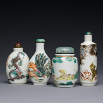 Four Chinese famille rose and verte snuff bottles, 19th C.