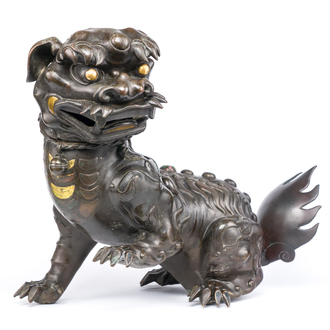 A rare Chinese inlaid bronze lion-form censer, Ming
