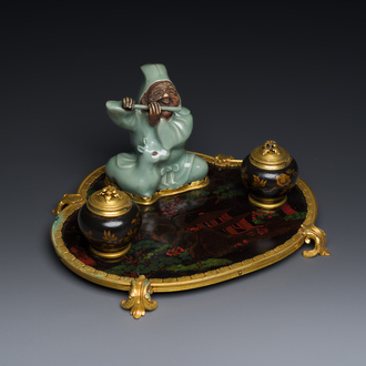 A French lacquered and painted wood, gilt bronze and Japanese celadon porcelain inkwell desk set, late 18th C.