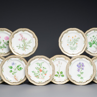 Ten Royal Copenhagen porcelain 'Flora Danica' plates with pierced rims, Denmark, 20th C.