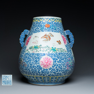 A large Chinese doucai-rose 'hu' vase with butterflies and birds, Qianlong mark but probably later