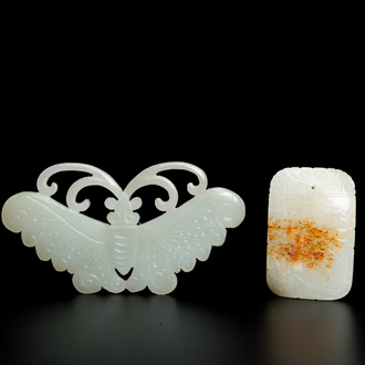 A Chinese white and russet jade pendant and a celadon jade 'butterfly' carving, Qing/Republic