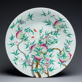 A fine and large Chinese famille rose 'nine peaches' dish, Qianlong mark, 19th C.