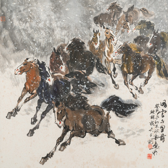 Ma Xinle 馬欣樂 (1963-): 'Twelve horses in the snow', ink and colour on paper, dated 1993