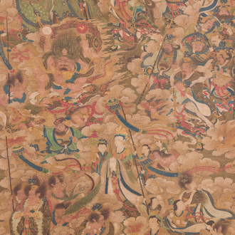 Chinese school: 'A sky full of Buddhist divinities', ink and colour on silk, 18th C.