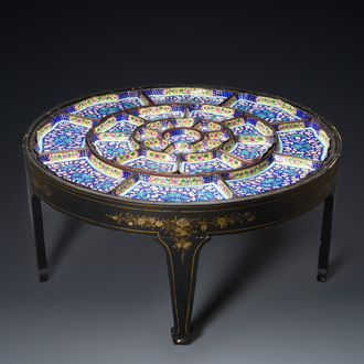 An exceptionally large Chinese Canton enamel rice table or sweetmeat set in its original Canton gilt-lacquered presentation table, 18/19th C.