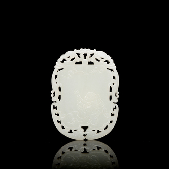 A Chinese reticulated white jade plaque, Qing