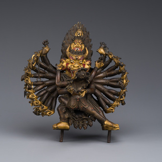A Sino-Tibetan gilt bronze sculpture of Yamantaka, probably 17/18th C.
